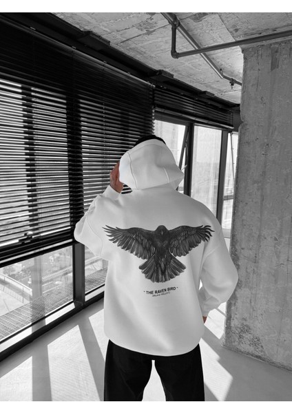 Erkek Oversize Raven Baskılı Premium Kapüşonlu Sweatshirt Ekru