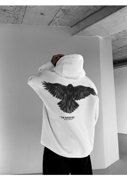 Erkek Oversize Raven Baskılı Premium Kapüşonlu Sweatshirt Ekru