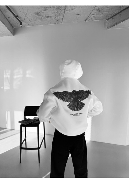 Erkek Oversize Raven Baskılı Premium Kapüşonlu Sweatshirt Ekru