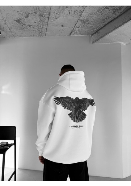 Erkek Oversize Raven Baskılı Premium Kapüşonlu Sweatshirt Ekru
