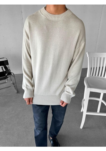 Erkek Oversize Mickey Mouse Kabartma Baskılı Kazak Bej fiyatları