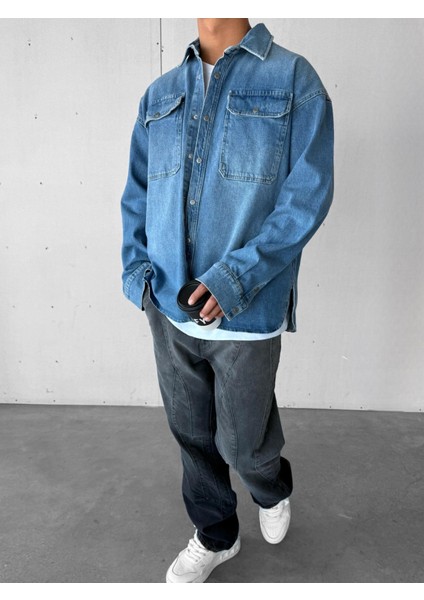 Erkek Oversize Önü Cepli Premium Denim Gömlek Mavi
