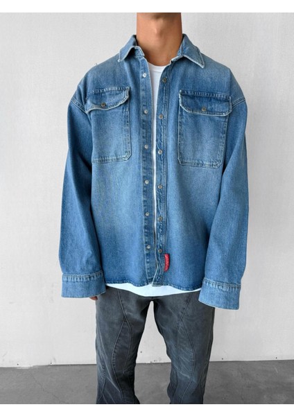 Erkek Oversize Önü Cepli Premium Denim Gömlek Mavi