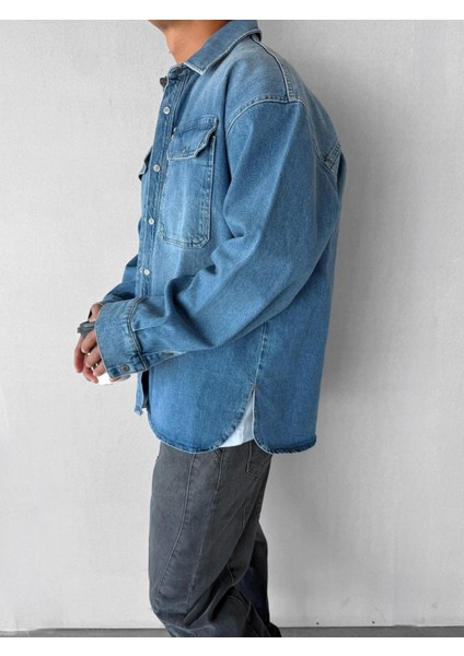 Erkek Oversize Önü Cepli Premium Denim Gömlek Mavi