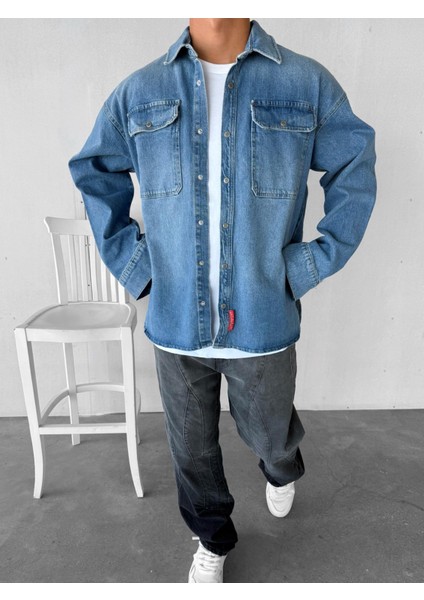 Erkek Oversize Önü Cepli Premium Denim Gömlek Mavi