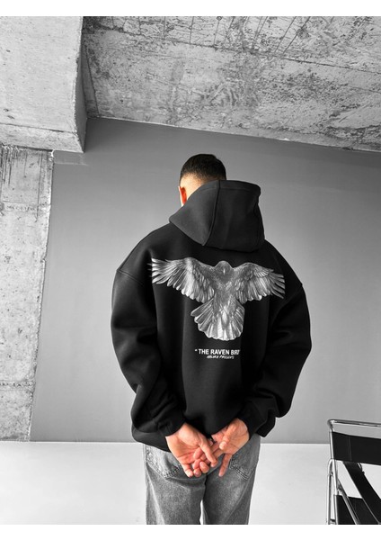 Erkek Oversize Raven Baskılı Premium Kapüşonlu Sweatshirt Siyah