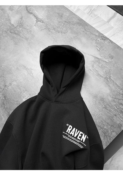 Erkek Oversize Raven Baskılı Premium Kapüşonlu Sweatshirt Siyah