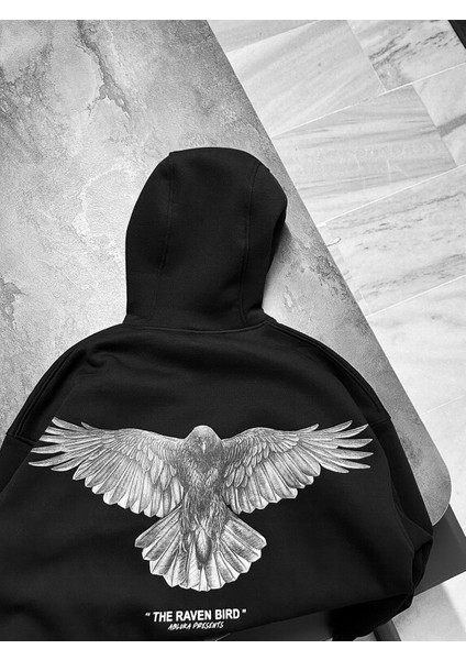 Erkek Oversize Raven Baskılı Premium Kapüşonlu Sweatshirt Siyah