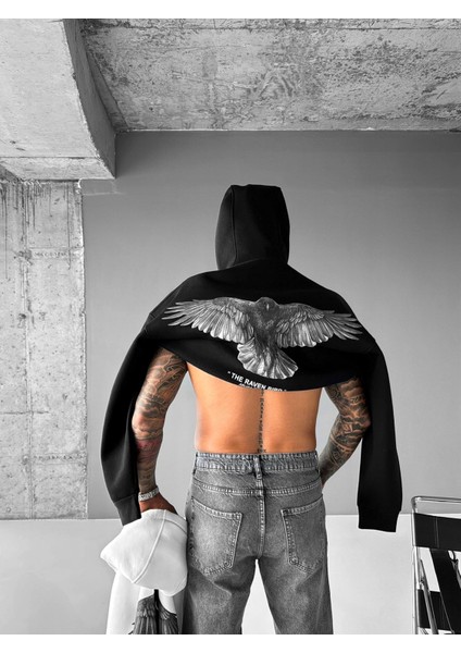 Erkek Oversize Raven Baskılı Premium Kapüşonlu Sweatshirt Siyah