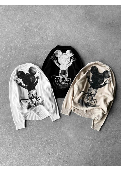 Erkek Oversize Mickey Mouse Kabartma Baskılı Kazak Beyaz