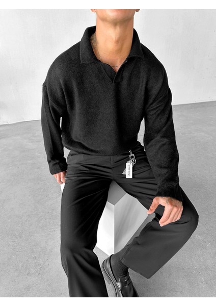 Erkek Polo Yaka Yumuşak Dokulu Oversize Kazak Siyah fiyatları