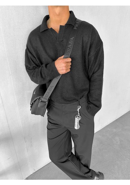 Erkek Polo Yaka Yumuşak Dokulu Oversize Kazak Siyah modelleri