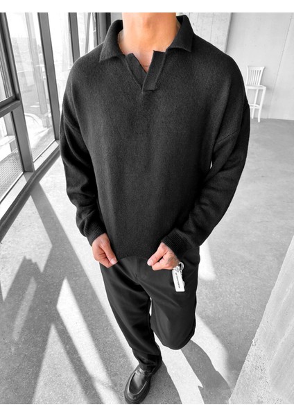 Erkek Polo Yaka Yumuşak Dokulu Oversize Kazak Siyah fırsatları