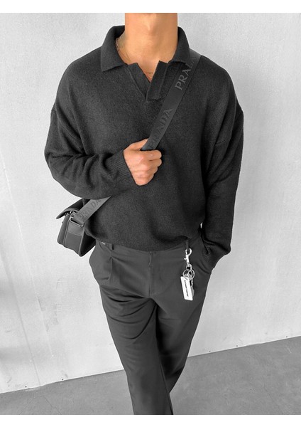 Erkek Polo Yaka Yumuşak Dokulu Oversize Kazak Siyah indirimleri