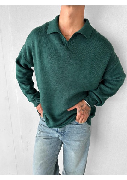 Erkek Oversize Basic Polo V Yaka Triko Kazak Yeşil fiyatları