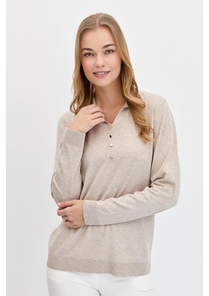 Polo Yaka Basıc Bej Kadın Kazak 23026-PY-2K5