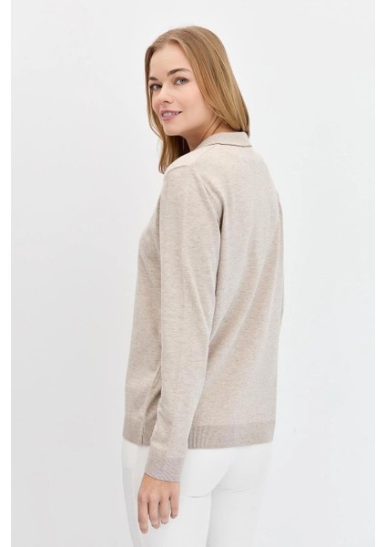 Polo Yaka Basıc Bej Kadın Kazak 23026-PY-2K5