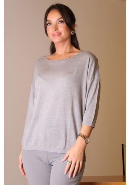Sıfır Yaka Basıc Gri Kadın Triko Kazak 928-2K5