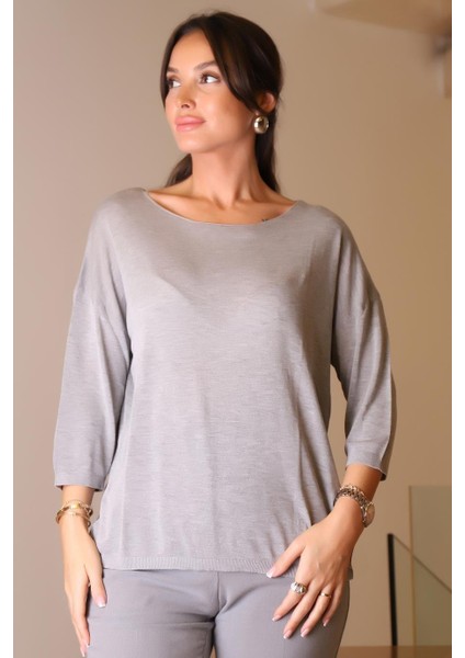 Sıfır Yaka Basıc Gri Kadın Triko Kazak 928-2K5 fiyatları