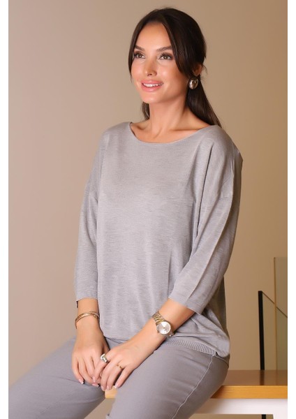 Sıfır Yaka Basıc Gri Kadın Triko Kazak 928-2K5 modelleri