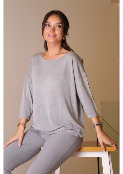 Sıfır Yaka Basıc Gri Kadın Triko Kazak 928-2K5 fırsatları
