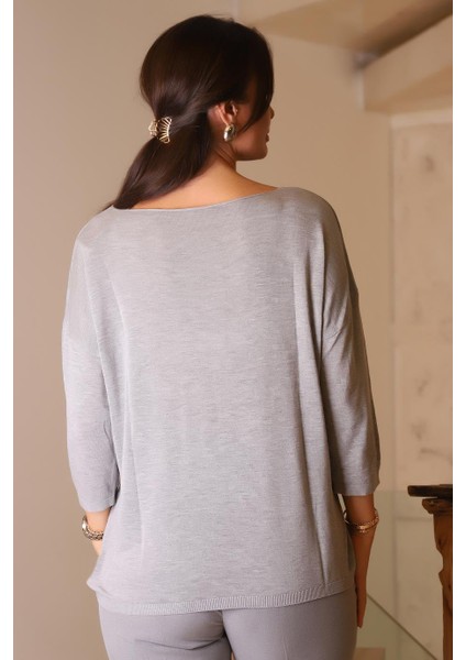 Sıfır Yaka Basıc Gri Kadın Triko Kazak 928-2K5 indirimleri