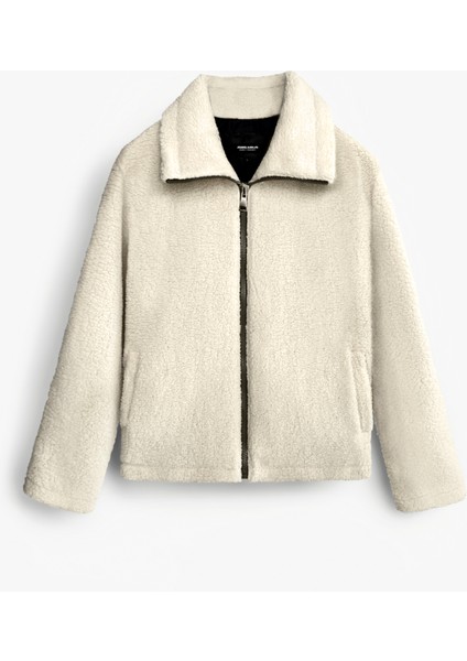 Oversize Dik Yaka Peluş Ceket Bej