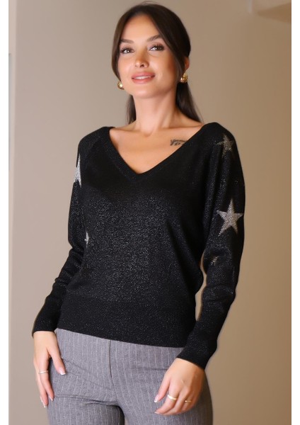 V Yaka Simli Siyah Kadın Kazak 020-2K5