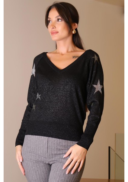 V Yaka Simli Siyah Kadın Kazak 020-2K5 fiyatları