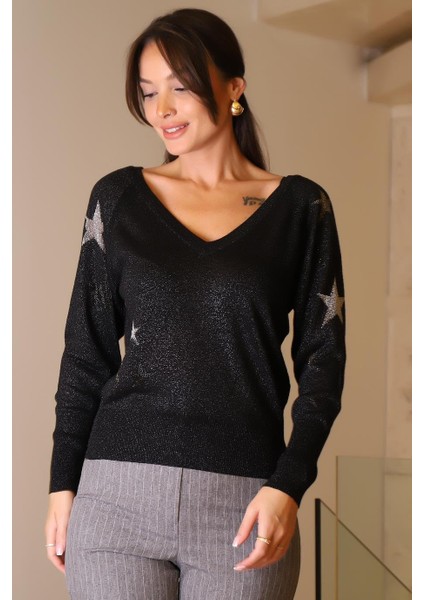 V Yaka Simli Siyah Kadın Kazak 020-2K5 modelleri