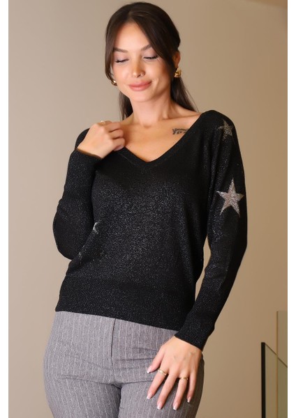 V Yaka Simli Siyah Kadın Kazak 020-2K5 fırsatları