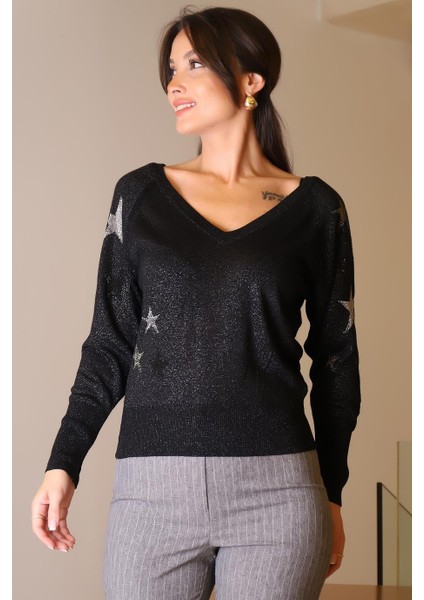 V Yaka Simli Siyah Kadın Kazak 020-2K5 indirimleri