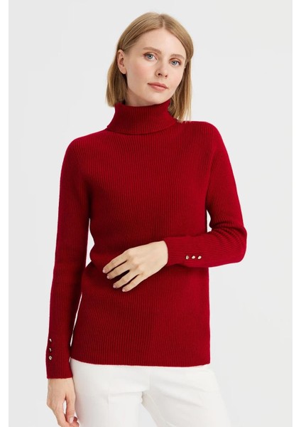 Tam Balıkçı Kol Ucu Düğmeli Kırmızı Kadın Kazak 23159-TB-2K5