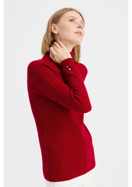 Tam Balıkçı Kol Ucu Düğmeli Kırmızı Kadın Kazak 23159-TB-2K5 modelleri