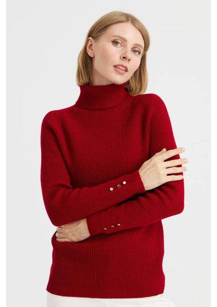 Tam Balıkçı Kol Ucu Düğmeli Kırmızı Kadın Kazak 23159-TB-2K5 fırsatları