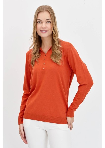 Polo Yaka Basıc Turuncu Kadın Kazak 23026-PY-2K5