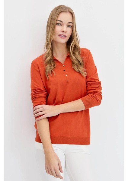 Polo Yaka Basıc Turuncu Kadın Kazak 23026-PY-2K5 modelleri