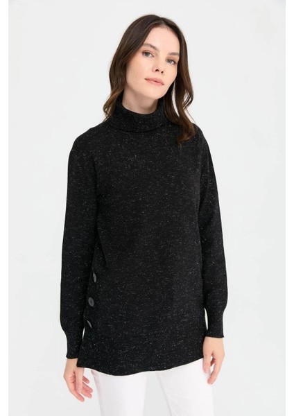 Tam Balıkçı Uzun Kollu Siyah Kadın Kazak 23391-2K5