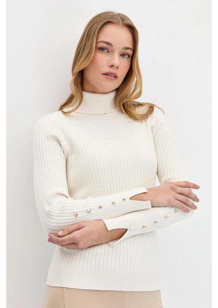 Balıkçı Yaka Kolları Düğmeli Kemik Kadın Kazak 24184-TB-2K5