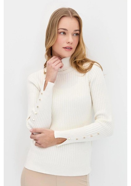 Balıkçı Yaka Kolları Düğmeli Kemik Kadın Kazak 24184-TB-2K5 indirimleri