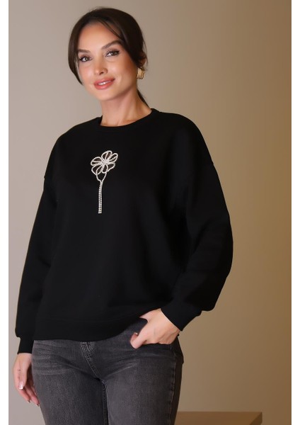 Taşlı Çiçek Desenli Siyah Kadın Sweatshirt 5500-2K5