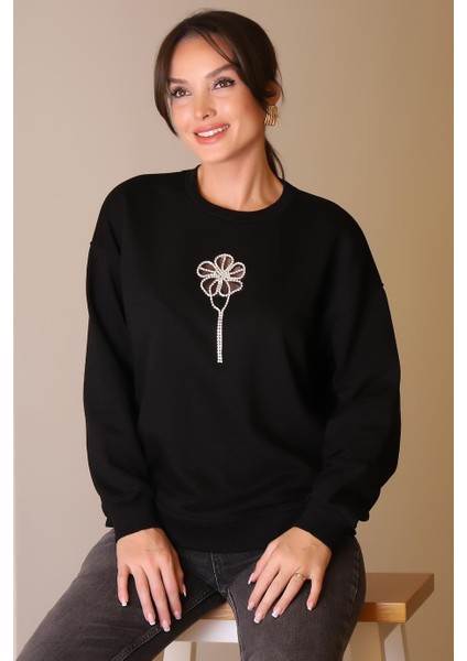 Taşlı Çiçek Desenli Siyah Kadın Sweatshirt 5500-2K5