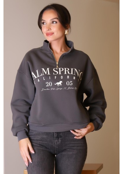 Yakası Fermuarlı Uzun Kollu Antrasit Kadın Sweatshirt W0011135-2K5