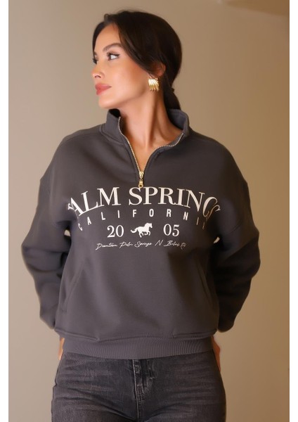 Yakası Fermuarlı Uzun Kollu Antrasit Kadın Sweatshirt W0011135-2K5 fiyatları