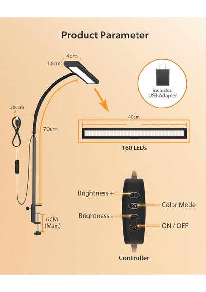 160 LED Masa Lambası, Kelepçeli, 30 Mod, USB Şarjlı, 360° Esnek Okuma Lambası