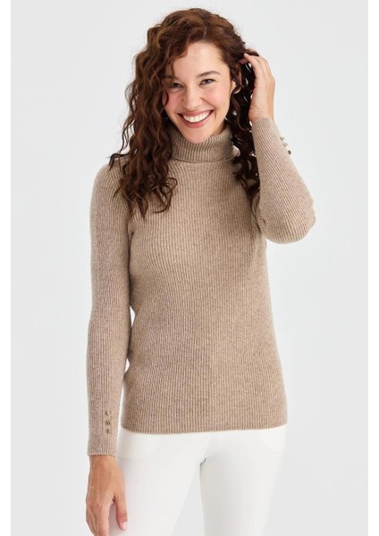 Tam Balıkçı Kol Ucu Düğmeli Bej Kadın Kazak 23159-TB-2K5 fırsatları