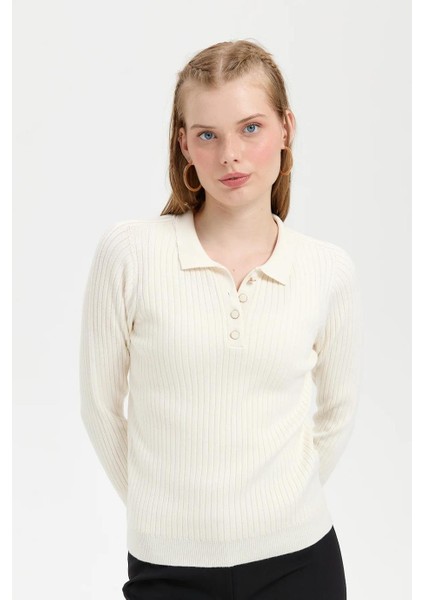 Polo Yaka Dikişsiz Kemik Kadın Kazak 24182-PY-2K5 fırsatları