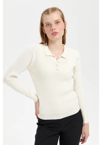 Polo Yaka Dikişsiz Kemik Kadın Kazak 24182-PY-2K5 indirimleri