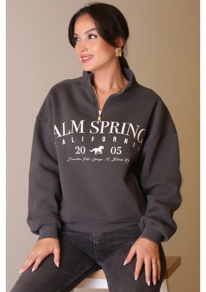 Yakası Fermuarlı Uzun Kollu Antrasit Kadın Sweatshirt W0011135-2K5 modelleri