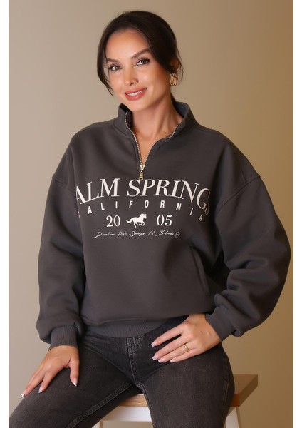 Yakası Fermuarlı Uzun Kollu Antrasit Kadın Sweatshirt W0011135-2K5 fırsatları